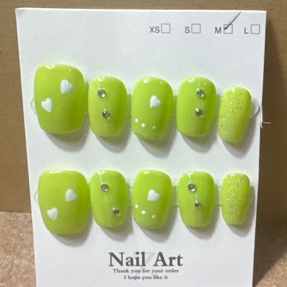 Lime Green Press On Nails White Hearts‎ Rhinestones Glitter Size M Short
